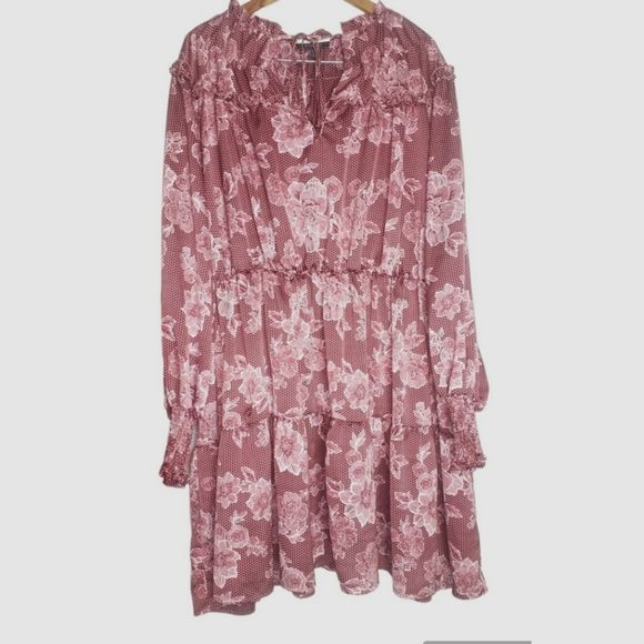 Eloquii pink burgundy floral ruffle tiered l baby doll dress plus size 26/28 - Picture 3 of 8